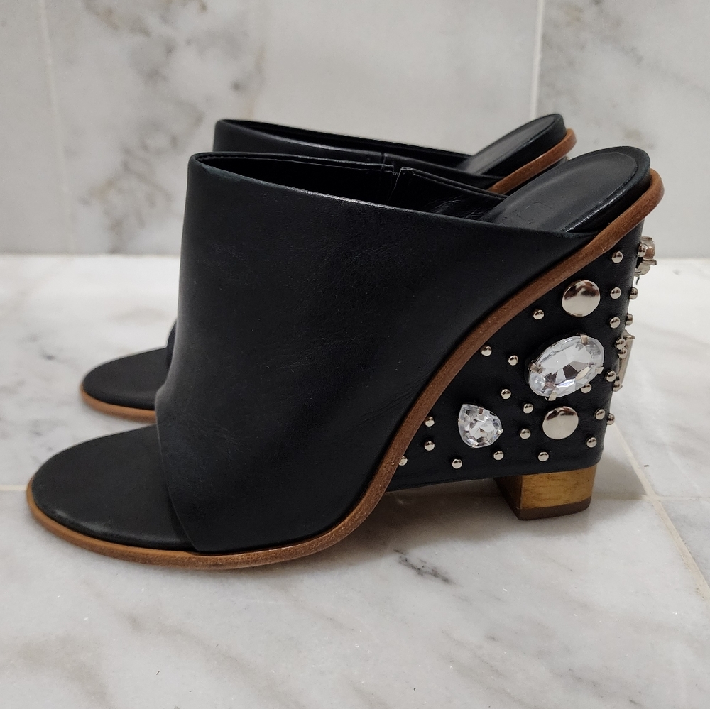 Tibi Britt Mules Black Leather Jeweled Studded Wedge 38 Open Toe - Picture 3 of 16